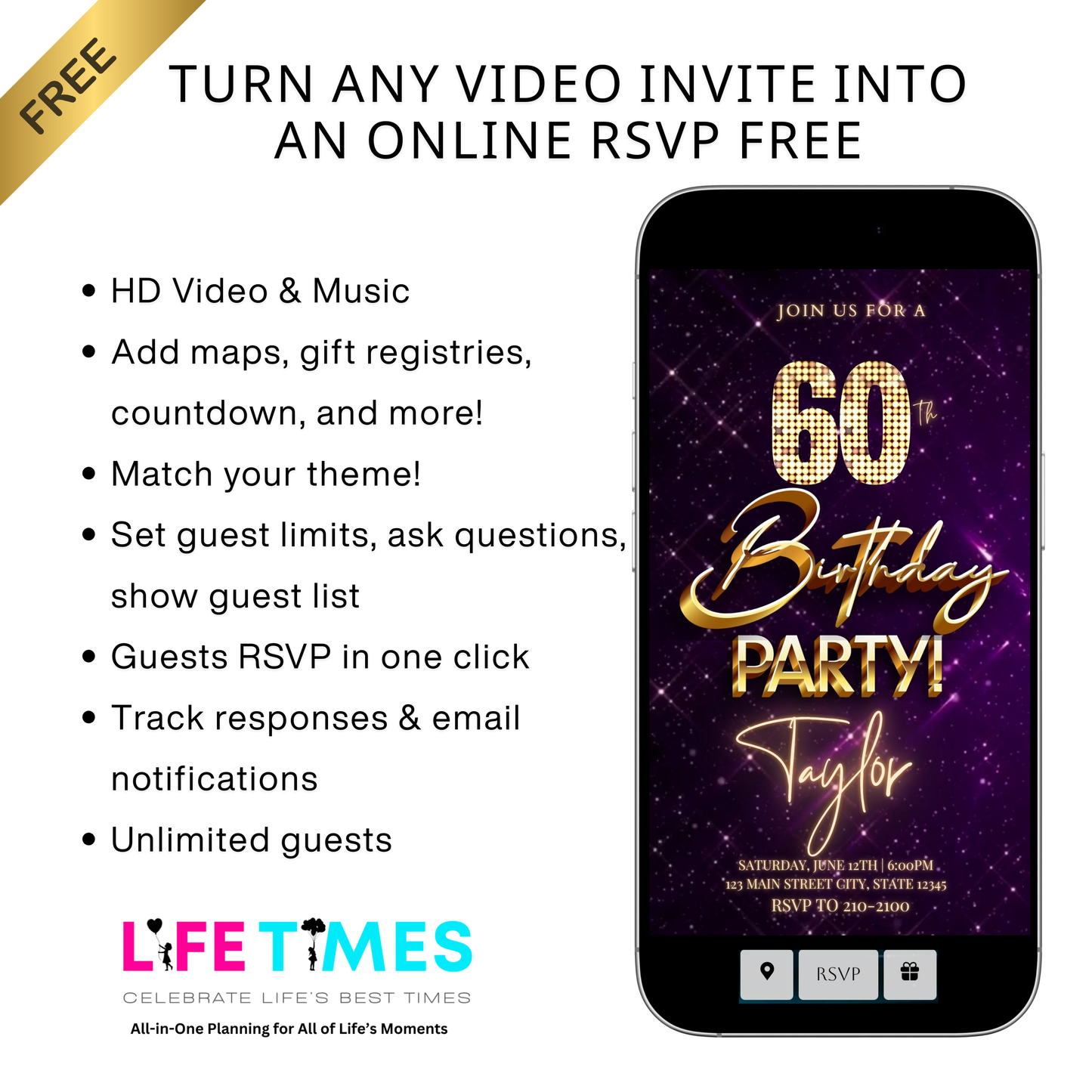 Editable purple gold elegant 60th birthday birthday video invitation displayed on a mobile phone, featuring an animated vertical digital invite with music, created in Canva. This premium video invitation template is designed for sharing by text, email, and social media and works with an interactive RSVP website for easy guest response tracking.