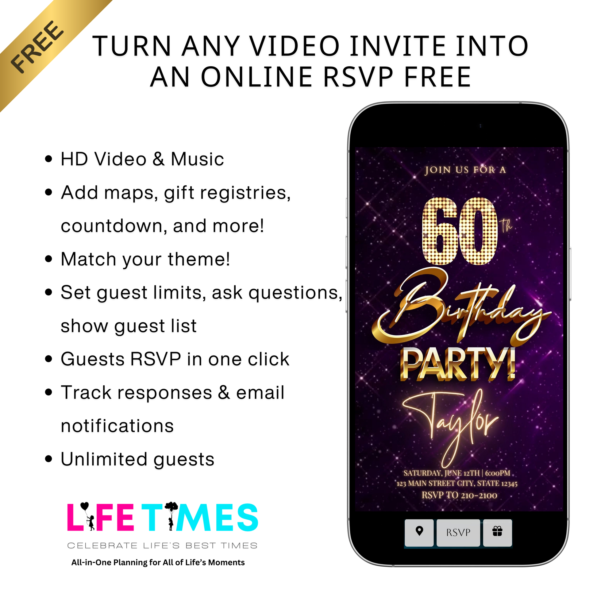 Editable purple gold elegant 60th birthday birthday video invitation displayed on a mobile phone, featuring an animated vertical digital invite with music, created in Canva. This premium video invitation template is designed for sharing by text, email, and social media and works with an interactive RSVP website for easy guest response tracking.