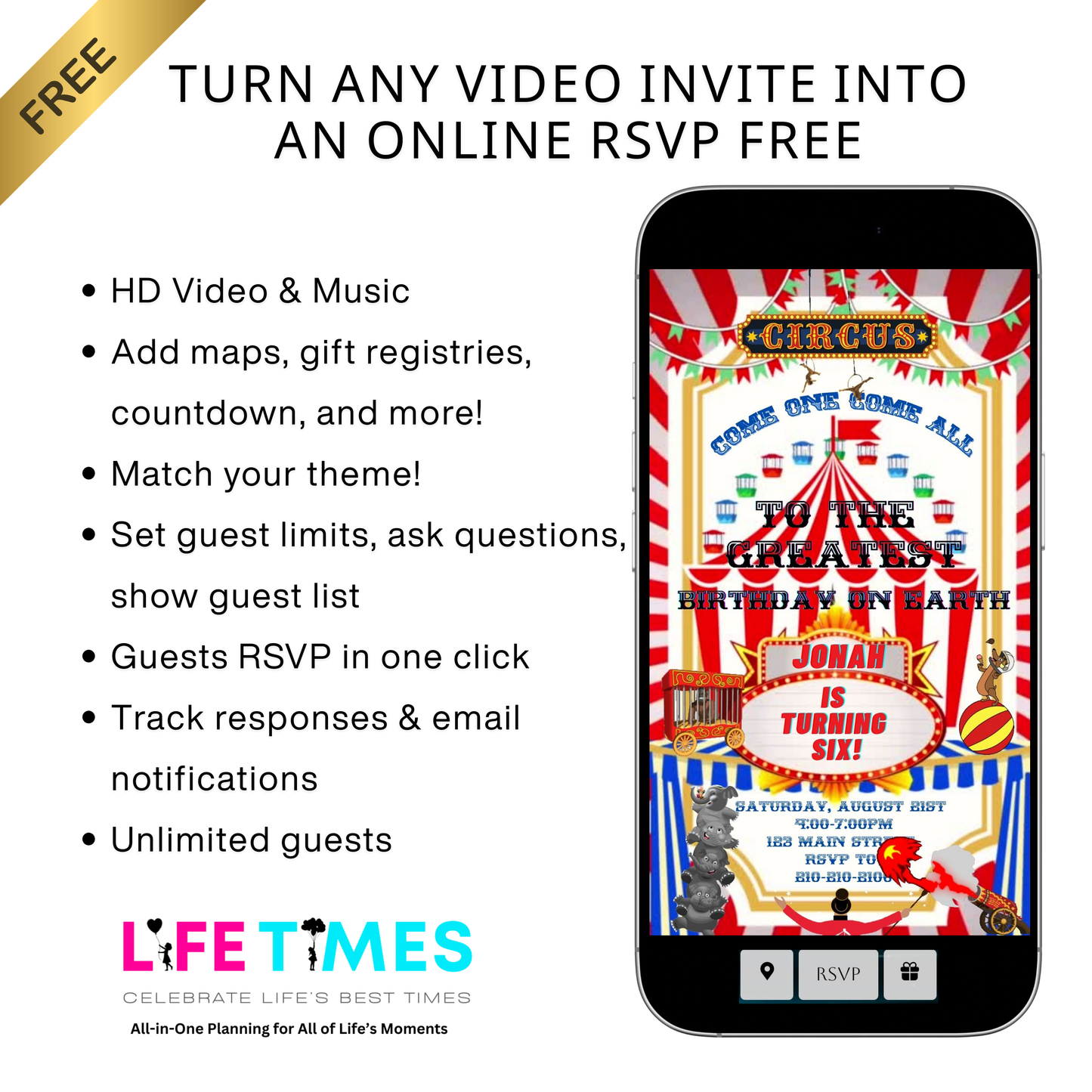 Editable red circus 6th birthday birthday video invitation displayed on a mobile phone, featuring an animated vertical digital invite with music, created in Canva. This premium video invitation template is designed for sharing by text, email, and social media and works with an interactive RSVP website for easy guest response tracking.