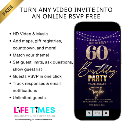 Editable purple gold starry 60th birthday birthday video invitation displayed on a mobile phone, featuring an animated vertical digital invite with music, created in Canva. This premium video invitation template is designed for sharing by text, email, and social media and works with an interactive RSVP website for easy guest response tracking.