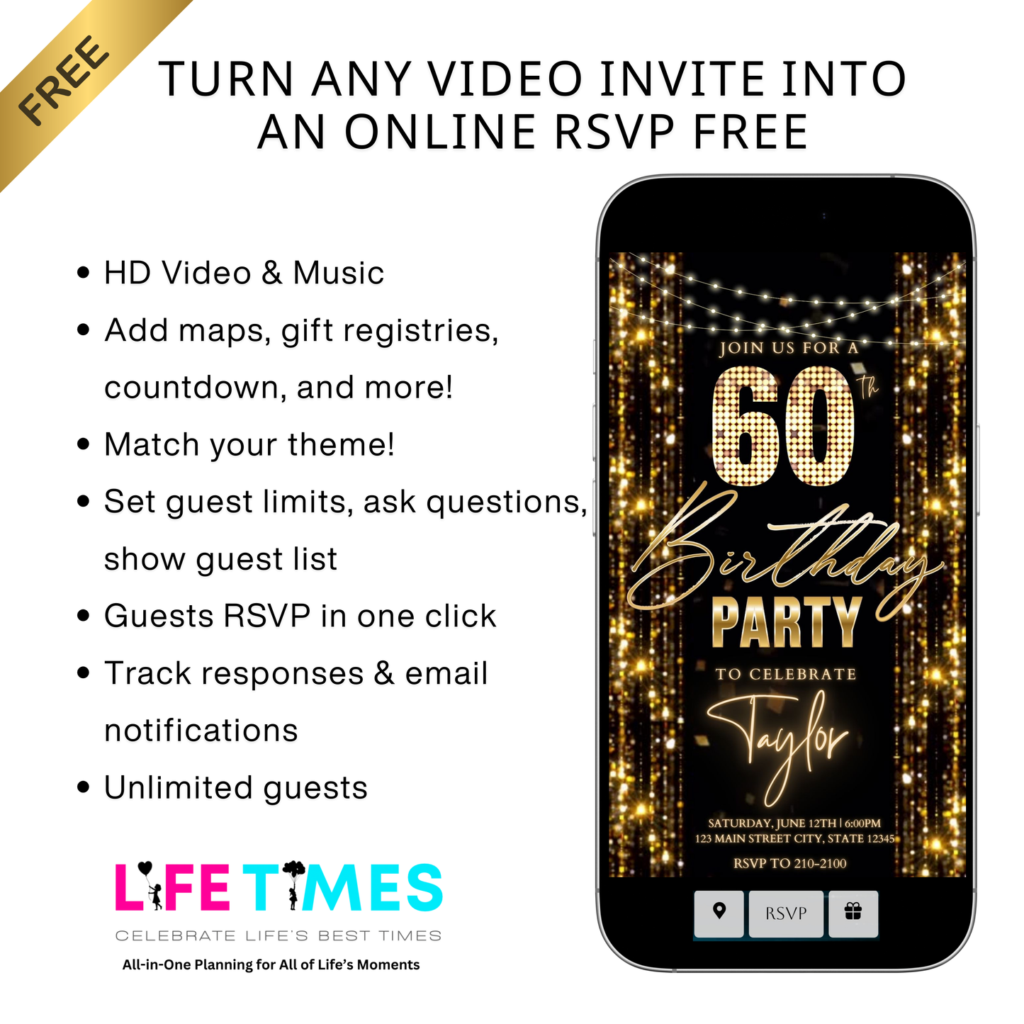 Editable gold glitter curtain 60th birthday birthday video invitation displayed on a mobile phone, featuring an animated vertical digital invite with music, created in Canva. This premium video invitation template is designed for sharing by text, email, and social media and works with an interactive RSVP website for easy guest response tracking.