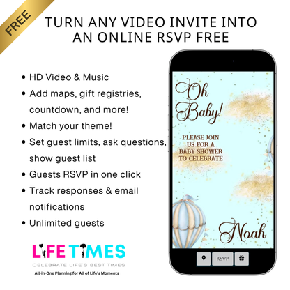 Editable blue hot air balloon boy baby shower baby shower video invitation displayed on a mobile phone, featuring an animated vertical digital invite with music, created in Canva. This premium video invitation template is designed for sharing by text, email, and social media and works with an interactive RSVP website for easy guest response tracking.