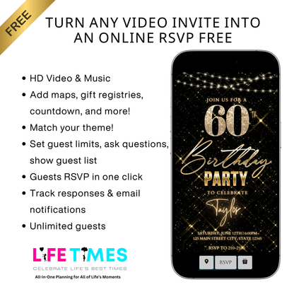 Editable gold sparkle grid 60th birthday birthday video invitation displayed on a mobile phone, featuring an animated vertical digital invite with music, created in Canva. This premium video invitation template is designed for sharing by text, email, and social media and works with an interactive RSVP website for easy guest response tracking.