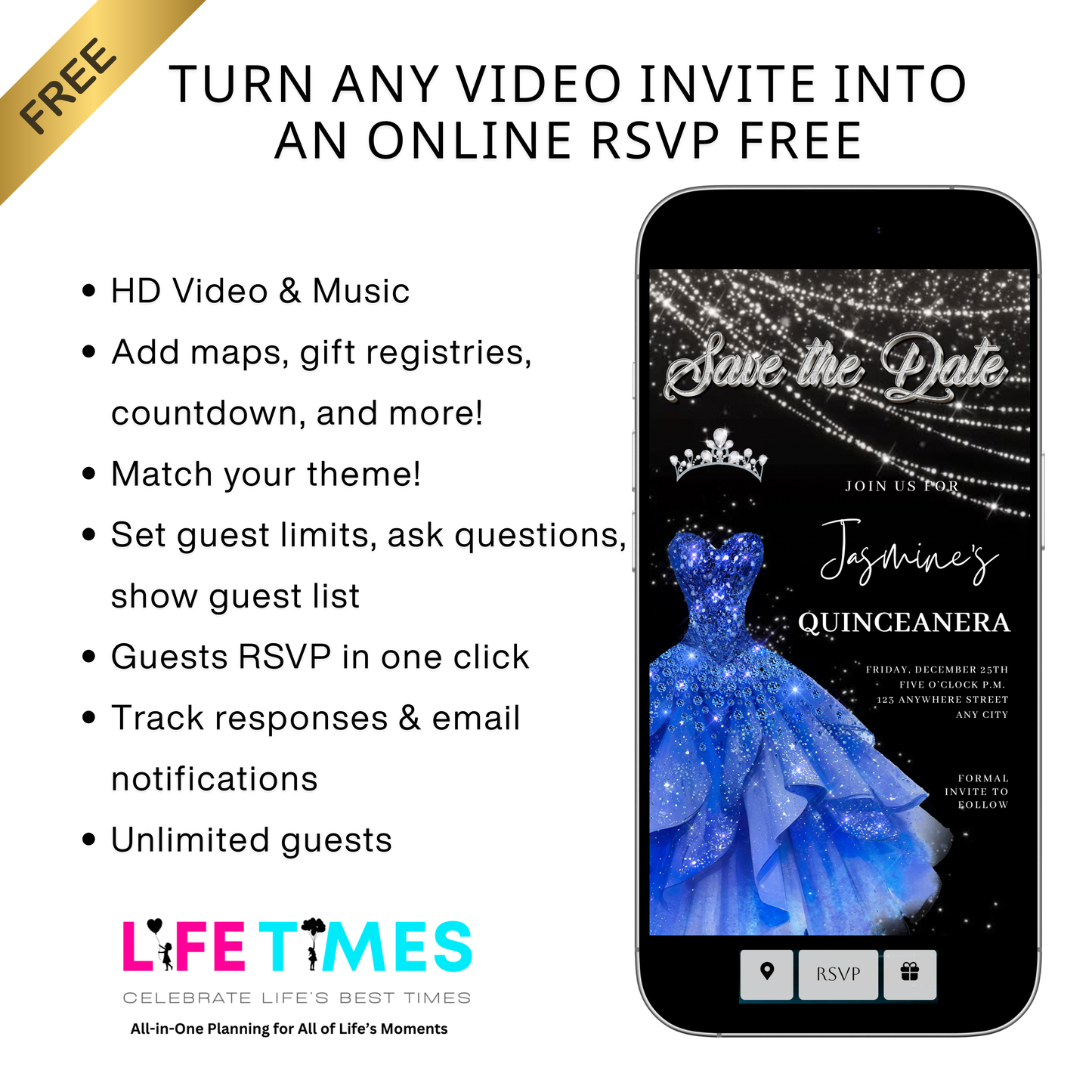 Royal Blue Quinceañera Video Invite | Sweet 15 16 Quince RSVP Tracker | Editable Save the Date Canva Evite Template