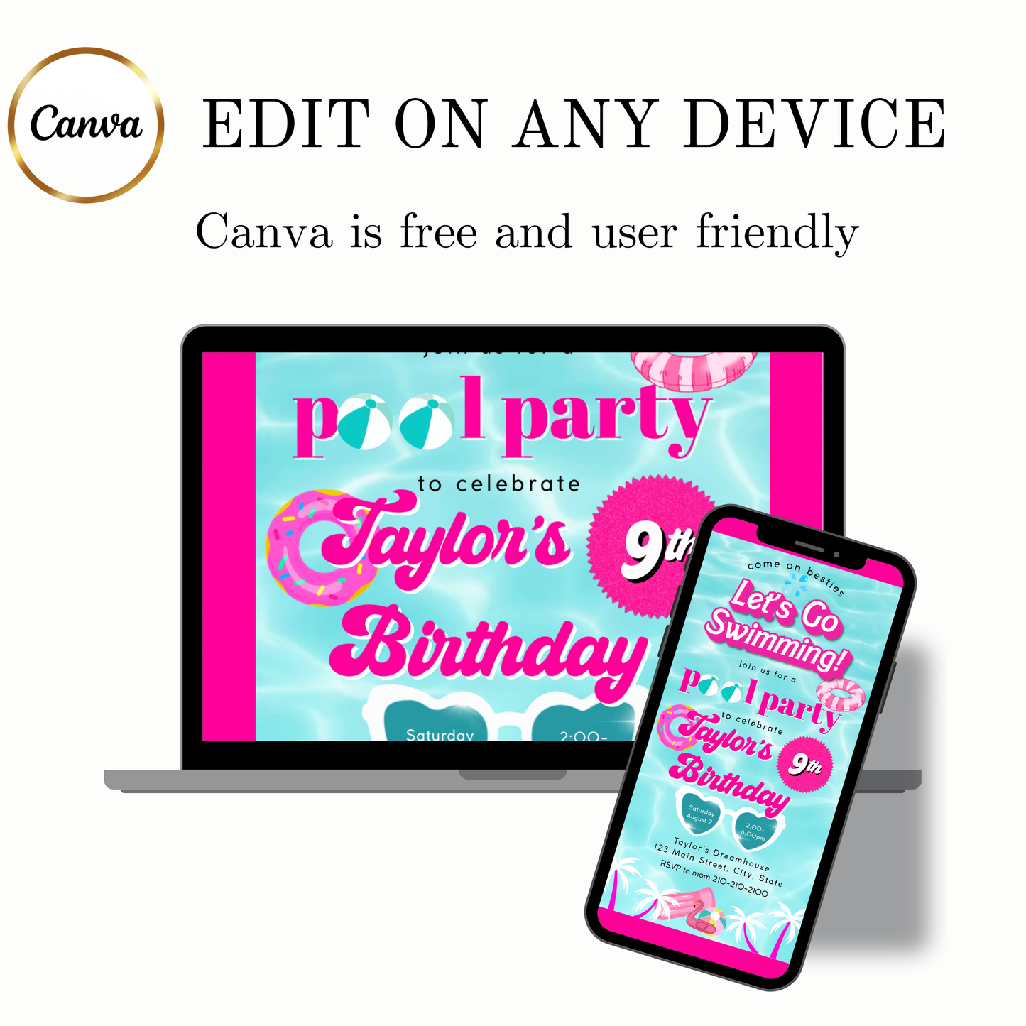 Bearbeitbare Barbie-Videoeinladung | Animierte digitale Einladung zur Barbie-Poolparty | Bearbeitbare Canva-Einladungsvorlage