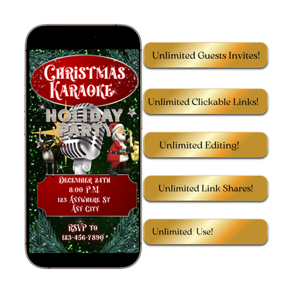 Christmas Karaoke Party Video Invitation | Animated Holiday Party Digital Evite | Editable Canva Invite Template