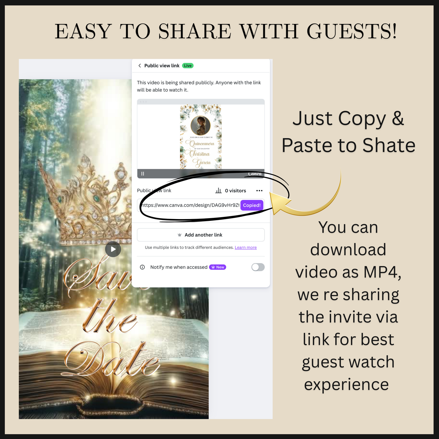 Sage Quinceañera Invitation | Princess Video Invite | Green Sweet 16 Evite | Editable Canva Template