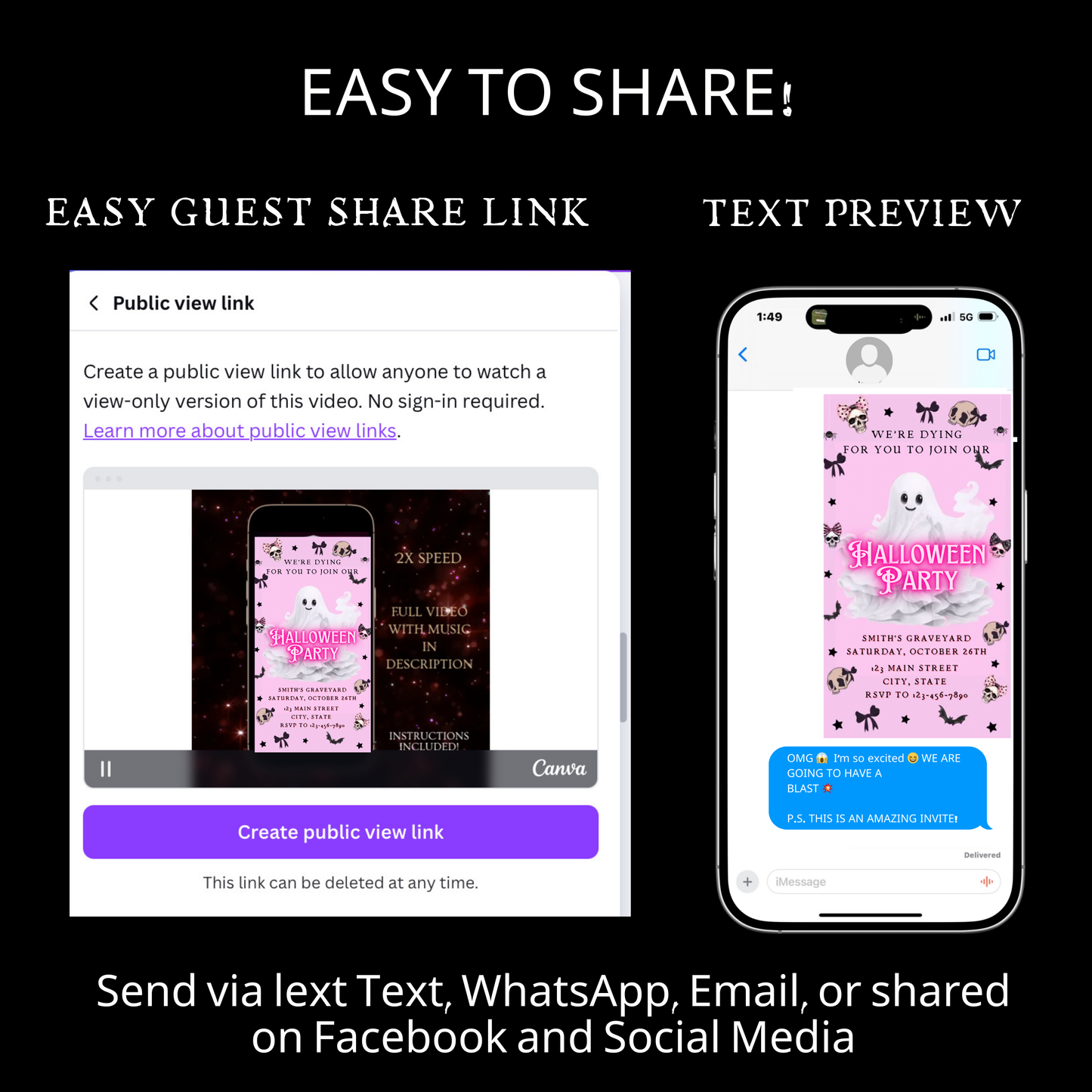 Halloween Video Invitation, Pink Ghost Animated Invite, Editable Halloween Party Mobile Evite