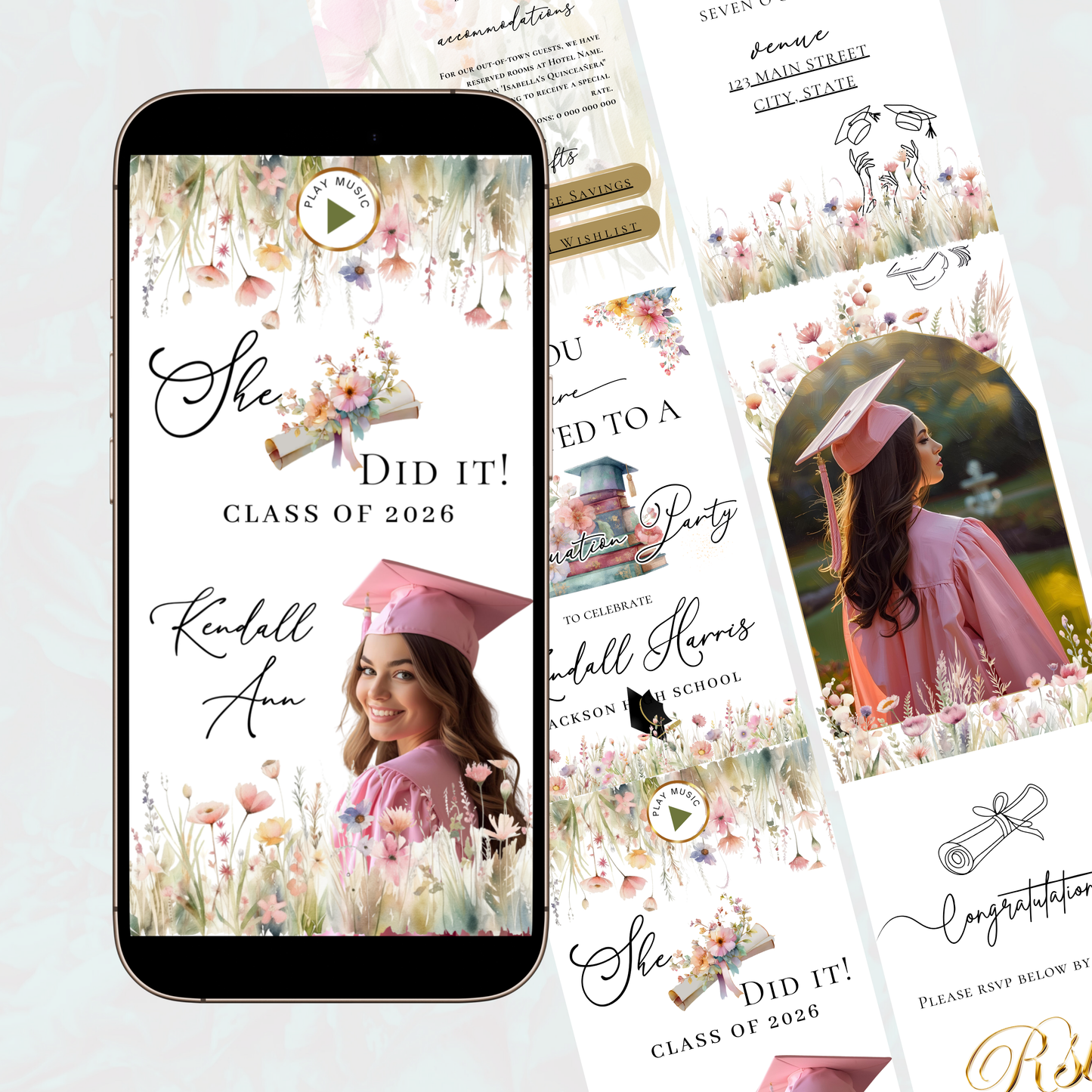 2026 Graduation Website Invitation | Spring Floral Canva Website RSVP Template with Music | Spring Floral for her
