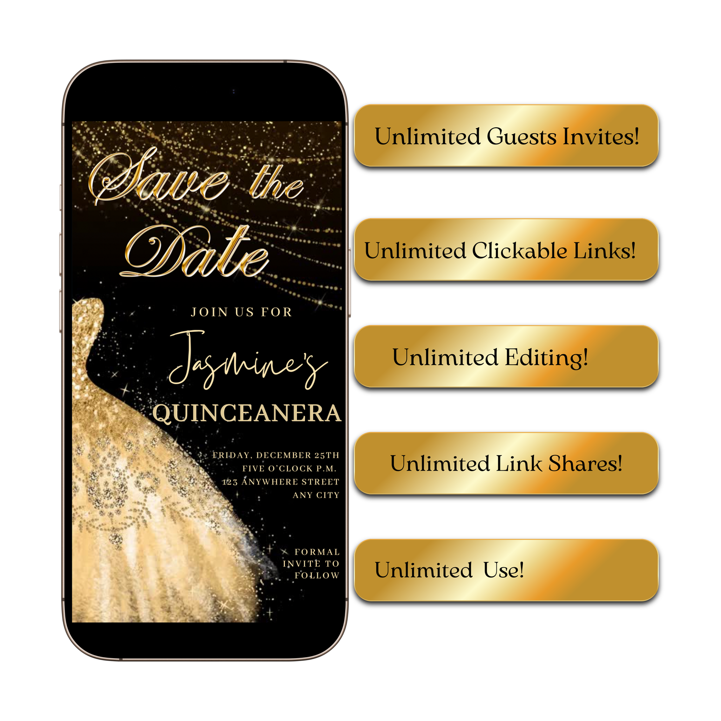 Gold Quinceanera Video Invite | Sweet 15 16 Quince RSVP Tracker | Editable Canva Evite Template