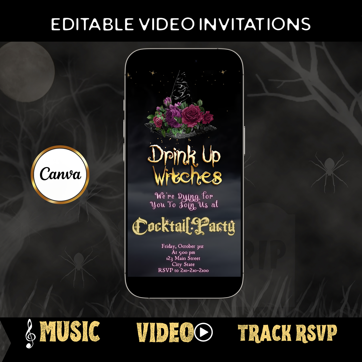Halloween-Videoeinladung, animierte Einladung „Hexen trinken“, bearbeitbare mobile Einladung zur Halloween-Party