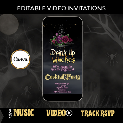 Halloween-Videoeinladung, animierte Einladung „Hexen trinken“, bearbeitbare mobile Einladung zur Halloween-Party