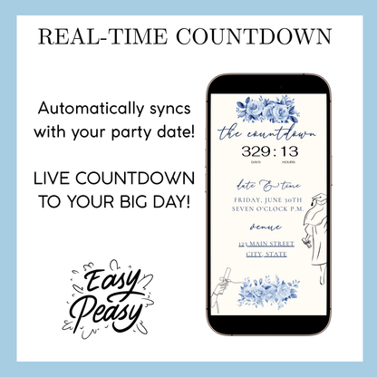 Einladung zur Abschlussfeier 2026 | Canva-Vorlage für Antwortmöglichkeit mit Musik | Blaues Blumenmuster für sie