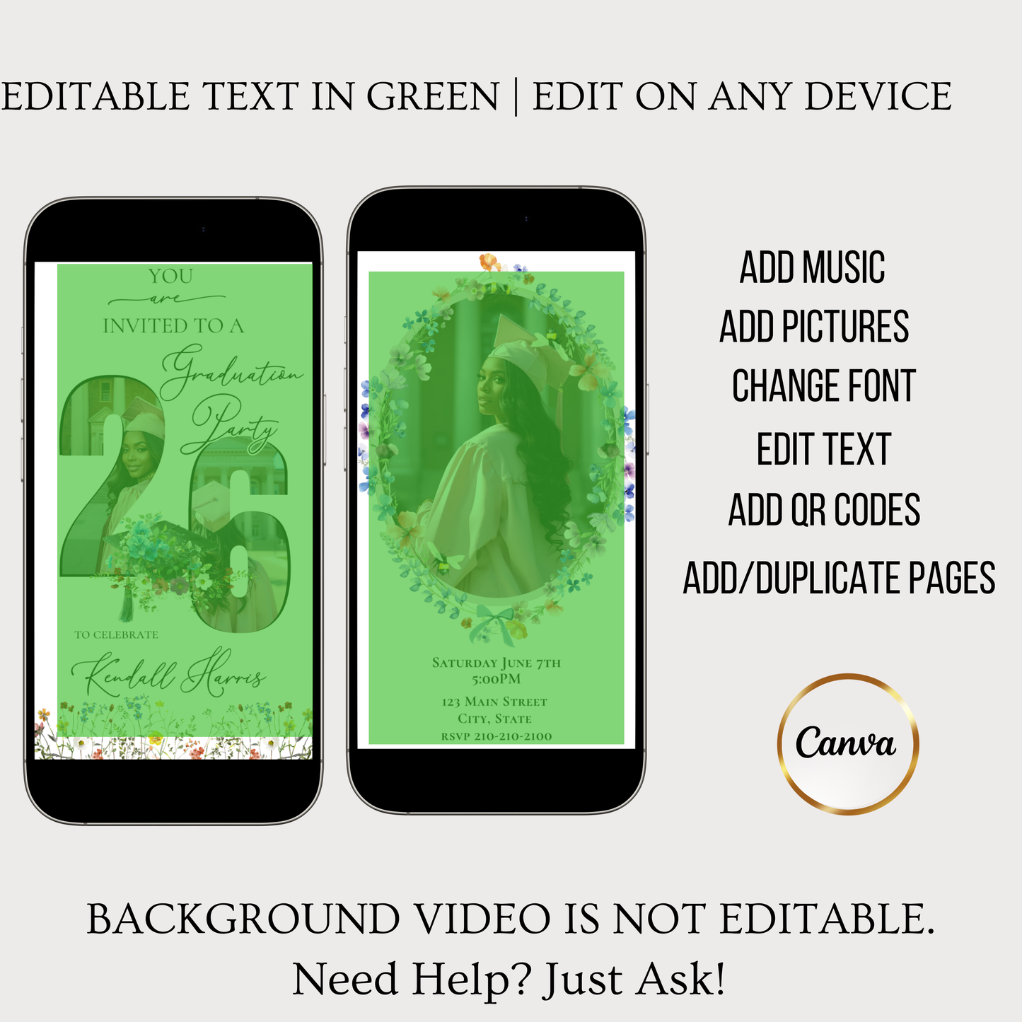 Wildflower Graduation Party Video Invitation | Spring Floral Graduation Invite for Her | Editable Online RSVP Evite Canva Template