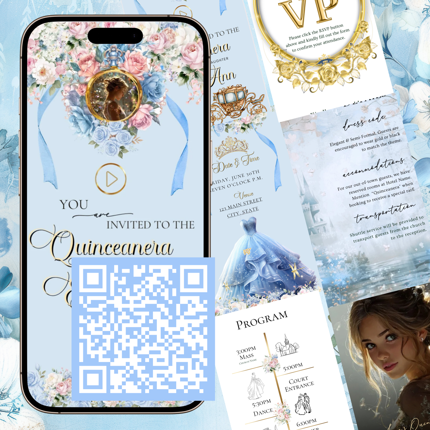 Cinderella Quinceanera Website Invite |  Sweet 15 16 Evite RSVP tracker Video Invitation | Canva Template
