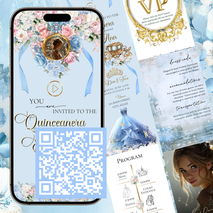 Cinderella Quinceanera Website Invite |  Sweet 15 16 Evite RSVP tracker Video Invitation | Canva Template