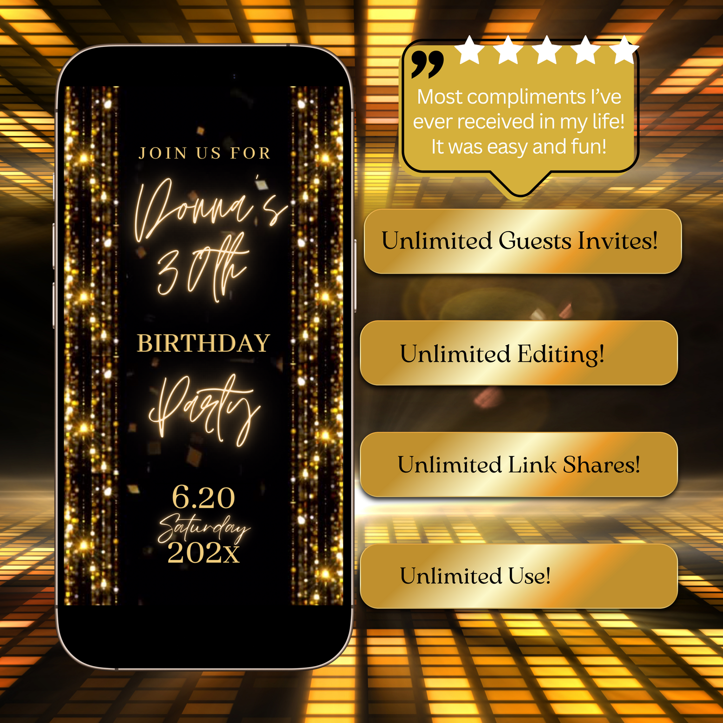 Gold Birthday Dinner Video Invitation | Digital Luxe Birthday Mobile Invite | Editable Animated Gold Glitter