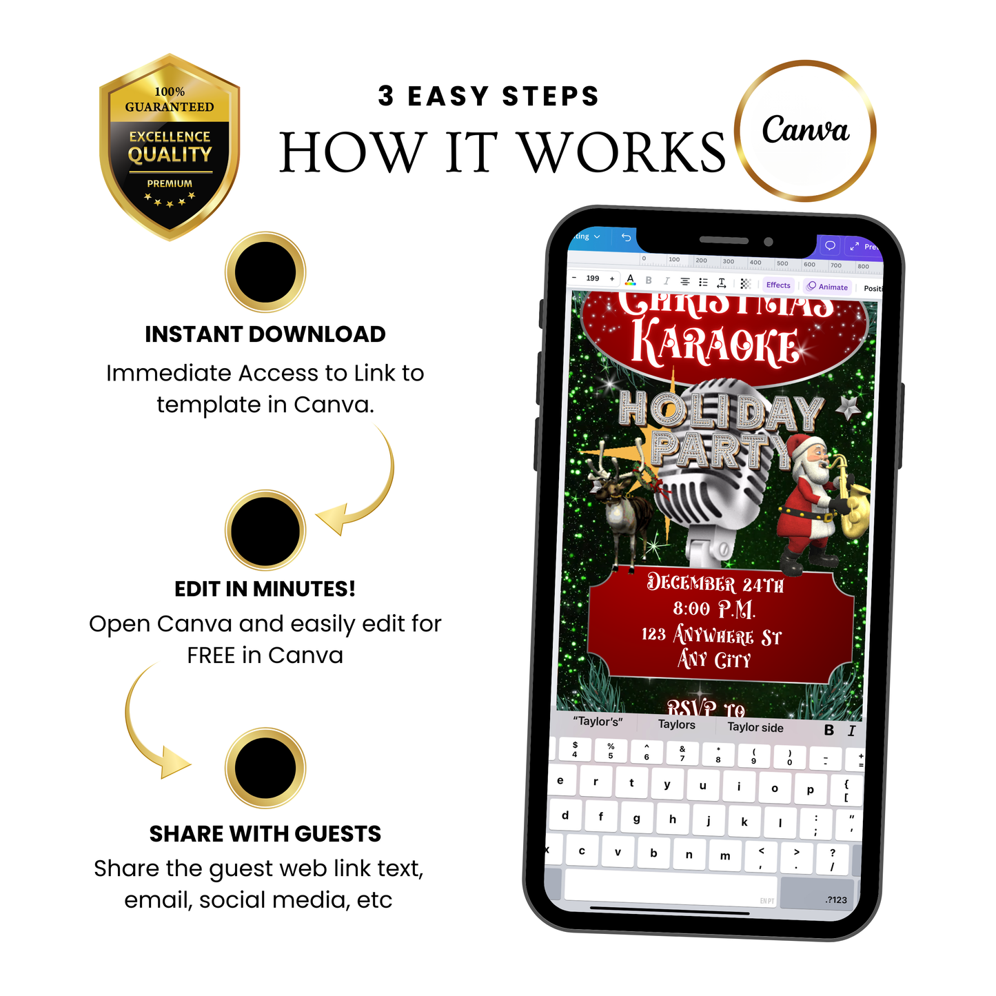 Christmas Karaoke Party Video Invitation | Animated Holiday Party Digital Evite | Editable Canva Invite Template