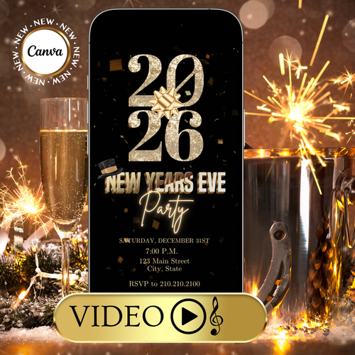 2026 New Years Eve Party Video Invitation | Digital New Year's Eve Invite | Editable Canva Template