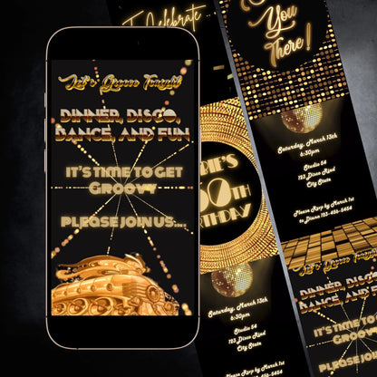 Goldene Disco-Videoeinladung | Disco-Ball-Studio-54-Geburtstagseinladung