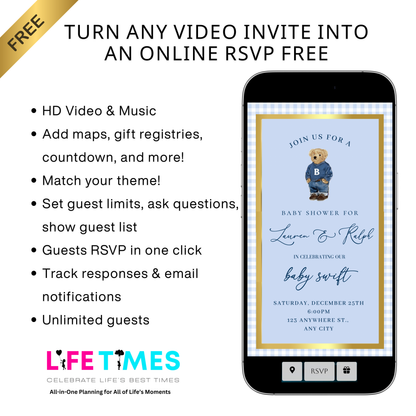 Polo Bear Video Invitation | Digital Preppy Blue Boy Baby Shower RSVP Tracker Invite | Editable Canva Template