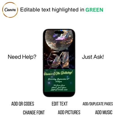 Studio 54 Video Invitation | Animated Disco Birthday Digital Evite | Editable Canva Invite Template