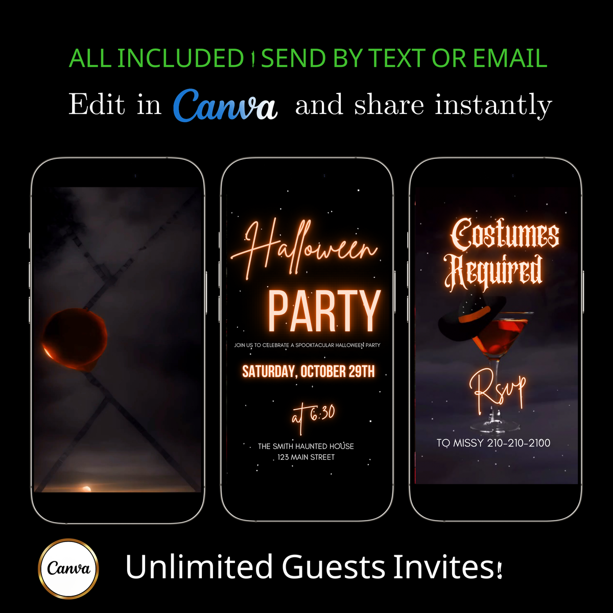Halloween Video Invitation, Elegant Spooky Animated Invite, Editable Halloween Party Mobile Evite
