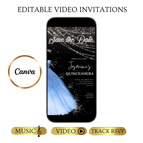 Baby Blue Quinceanera Video Invite | Sweet 15 16 Quince RSVP Tracker | Editable Canva Evite Template