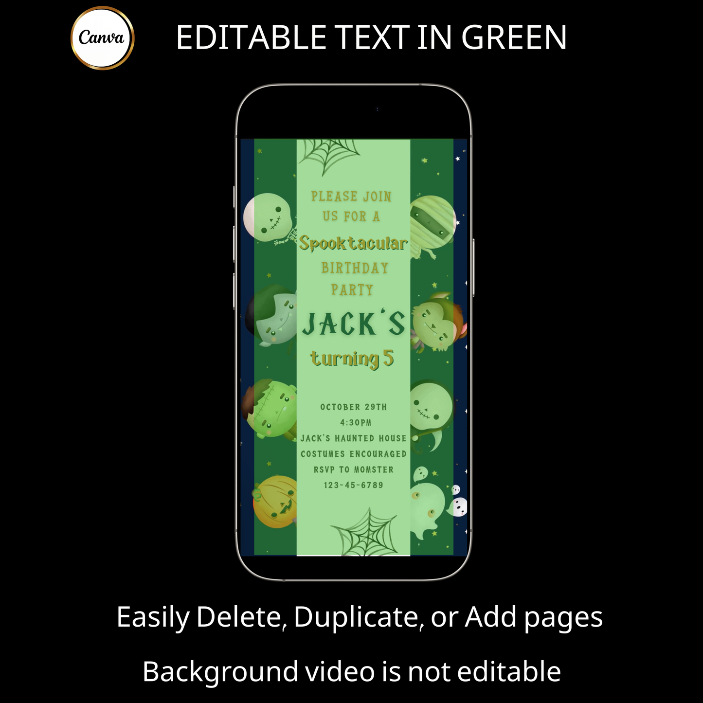 Halloween-Videoeinladung, animierte Einladung „Kleine Monster“, bearbeitbare mobile Halloween-Party-Einladung