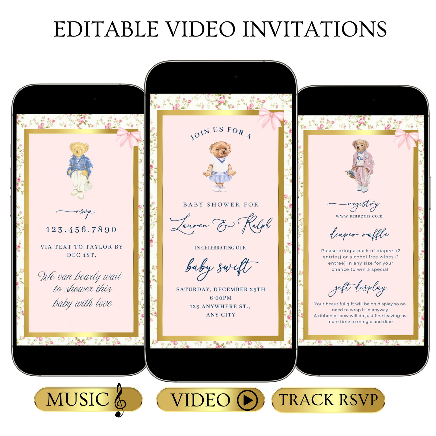 Pink Polo Bear Video Invitation | Digital Preppy Pink Spring RSVP Tracker Invite | Editable Canva Template