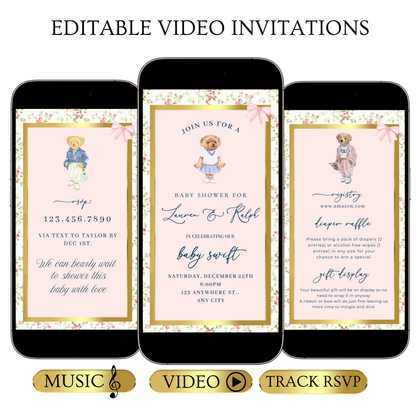 Pink Polo Bear Video Invitation | Digital Preppy Pink Spring RSVP Tracker Invite | Editable Canva Template