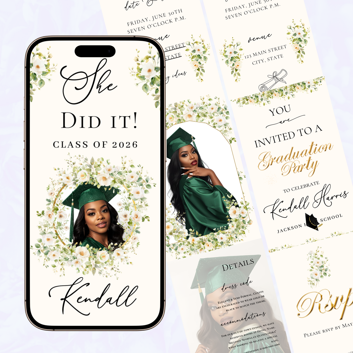 Graduation Party Video Invitation | Spring Floral Graduation Invite for Her | Editable Online RSVP Evite Canva Template