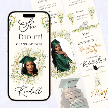 Graduation Party Video Invitation | Spring Floral Graduation Invite for Her | Editable Online RSVP Evite Canva Template