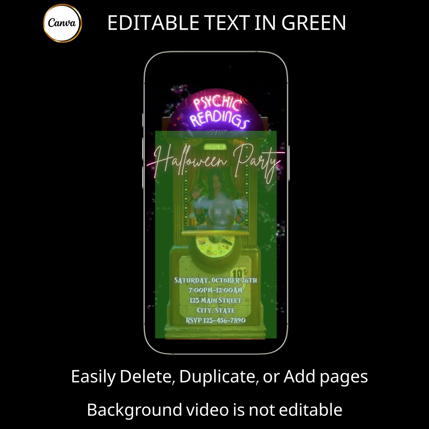 Halloween-Videoeinladung, animierte Einladung mit Wahrsager-Motiv, bearbeitbare mobile Einladung zur Halloween-Party