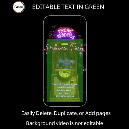 Halloween-Videoeinladung, animierte Einladung mit Wahrsager-Motiv, bearbeitbare mobile Einladung zur Halloween-Party