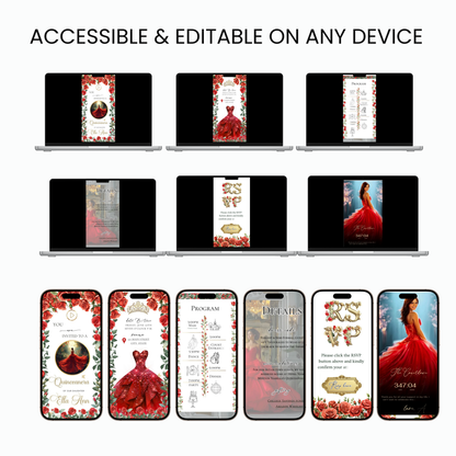 Einladung zur Quinceañera mit roten Rosen | Einladung zur Sweet 15/16 mit RSVP-Tracking | Canva-Vorlage