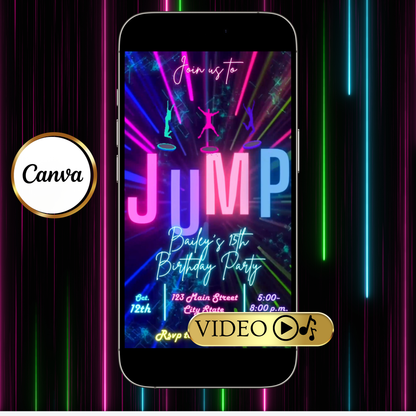 Neon Jump Celebration Video-Einladung | Digitale Glow-Party-Einladung | Bearbeitbare Canva-Einladungsvorlage
