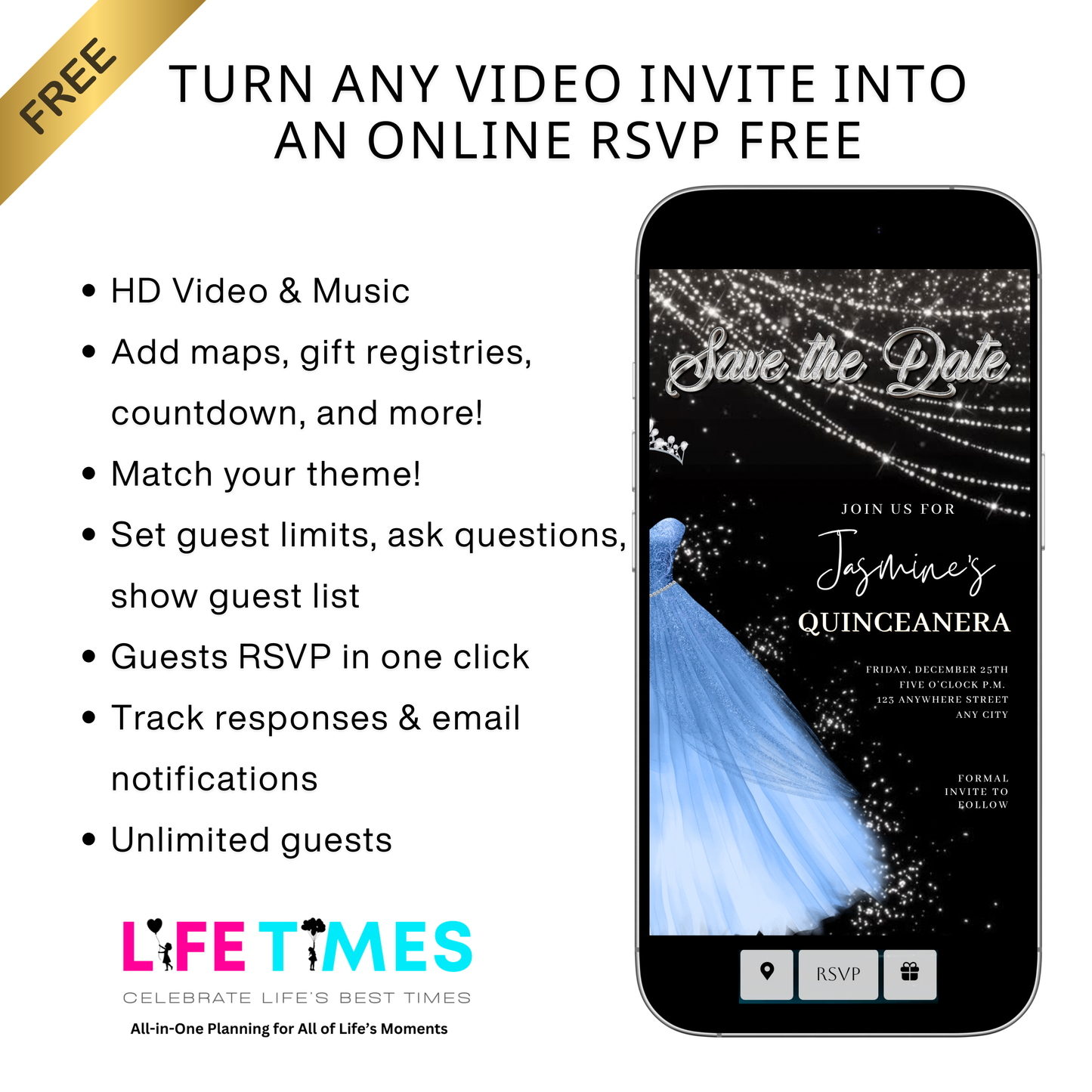 Baby Blue Quinceanera Video Invite | Sweet 15 16 Quince RSVP Tracker | Editable Canva Evite Template