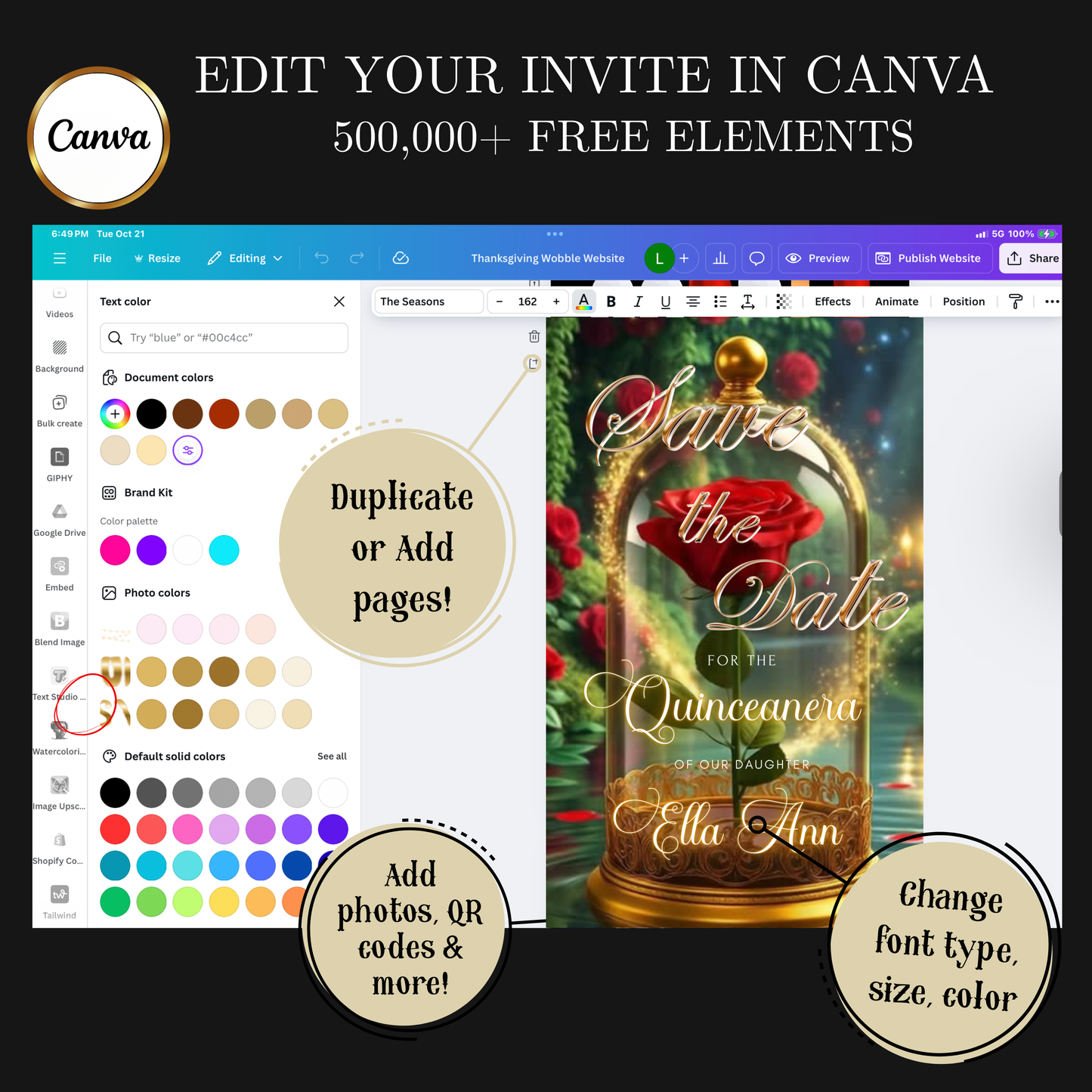 Beauty and the Beast Red Rose Video Invite | Digital Princess Quinceanera Invite | Editable Canva Evite Template