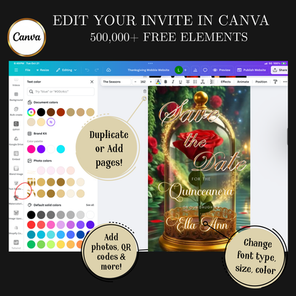 Beauty and the Beast Red Rose Video Invite | Digital Princess Quinceanera Invite | Editable Canva Evite Template