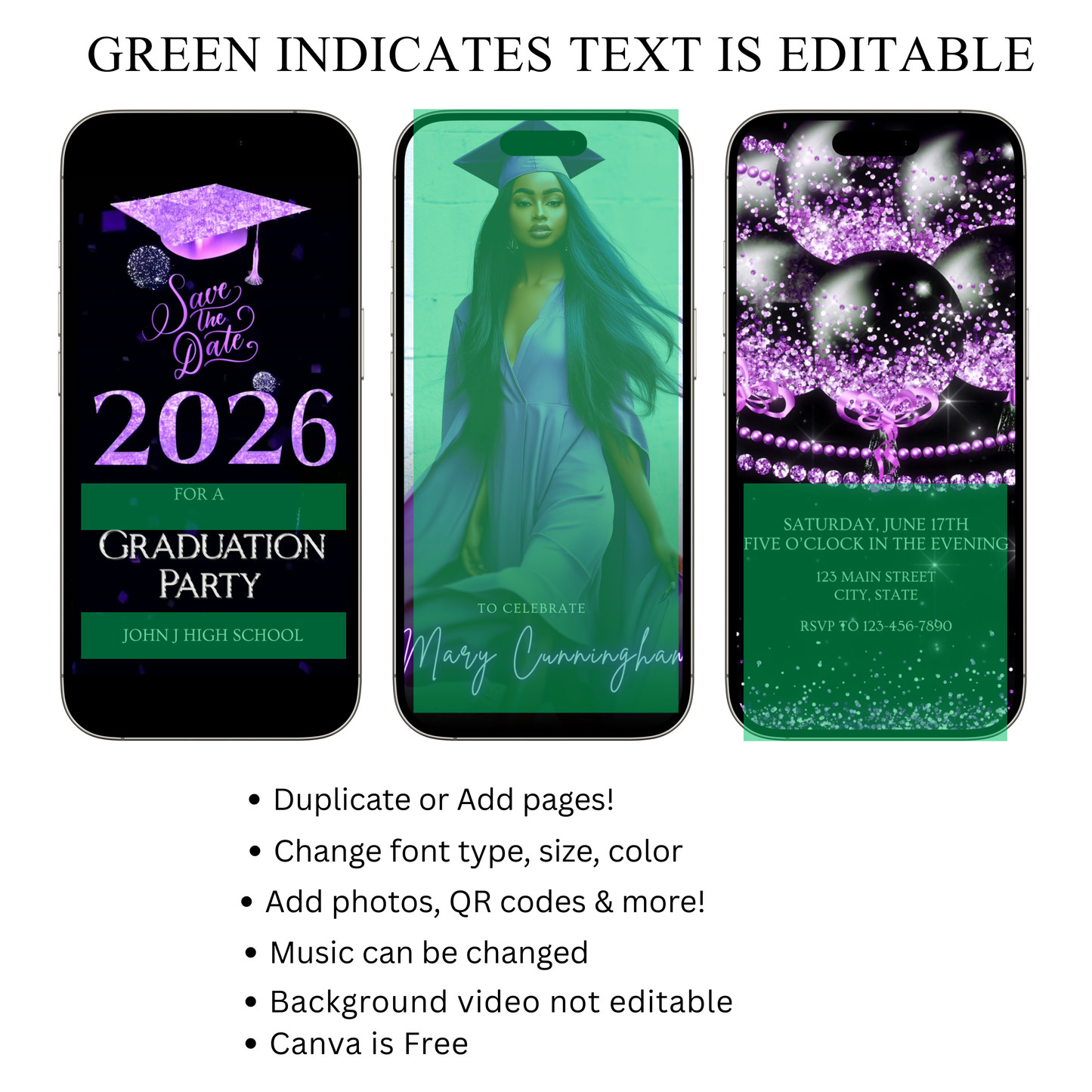 2026 Graduation Party Video Invitation | Digital Purple Graduation Invite | Editable Online RSVP Evite Canva Template