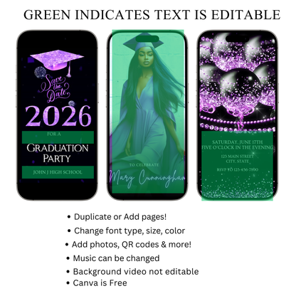 2026 Graduation Party Video Invitation | Digital Purple Graduation Invite | Editable Online RSVP Evite Canva Template