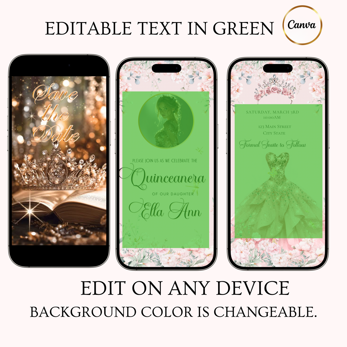 Pink Quinceanera Video Invite | Animated Sweet 15 Quince Invite | Editable Canva Evite Template