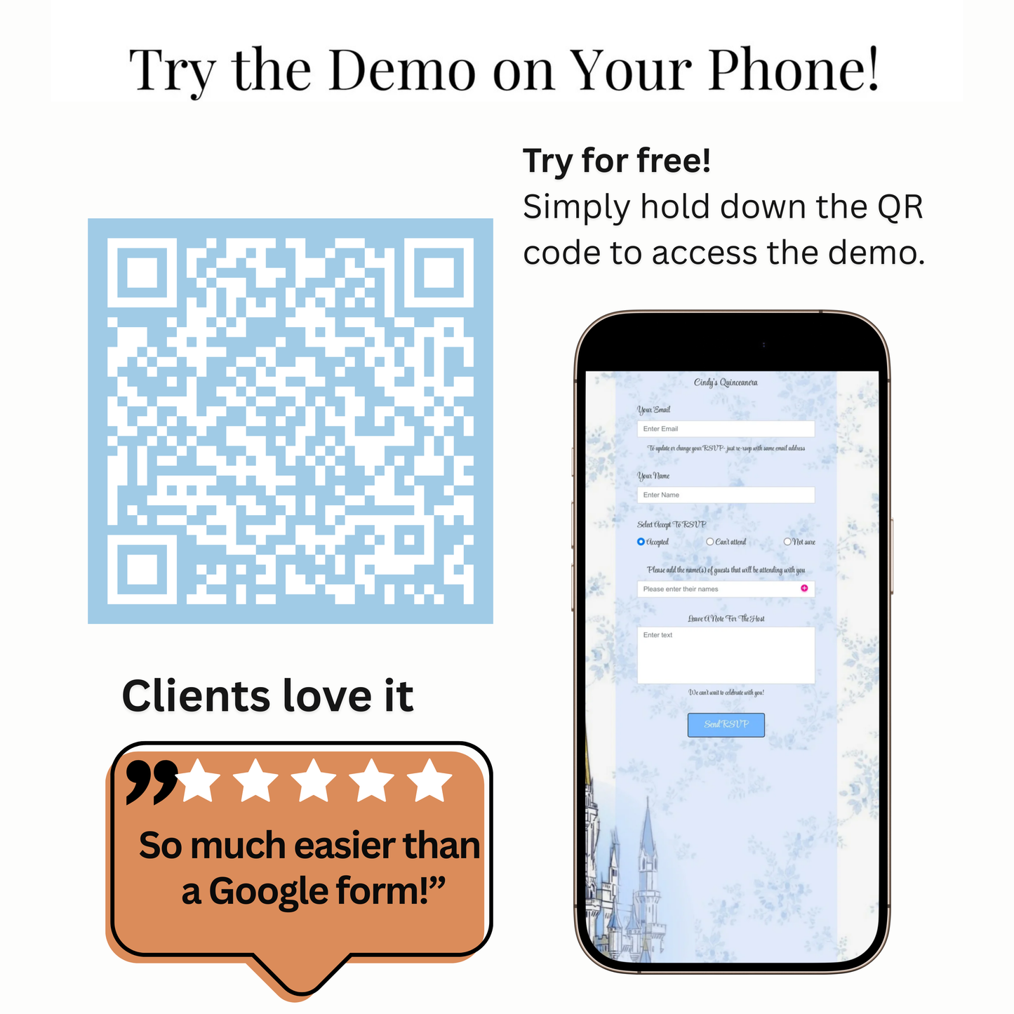 Cinderella Quinceanera Website Invite |  Sweet 15 16 Evite RSVP tracker Video Invitation | Canva Template