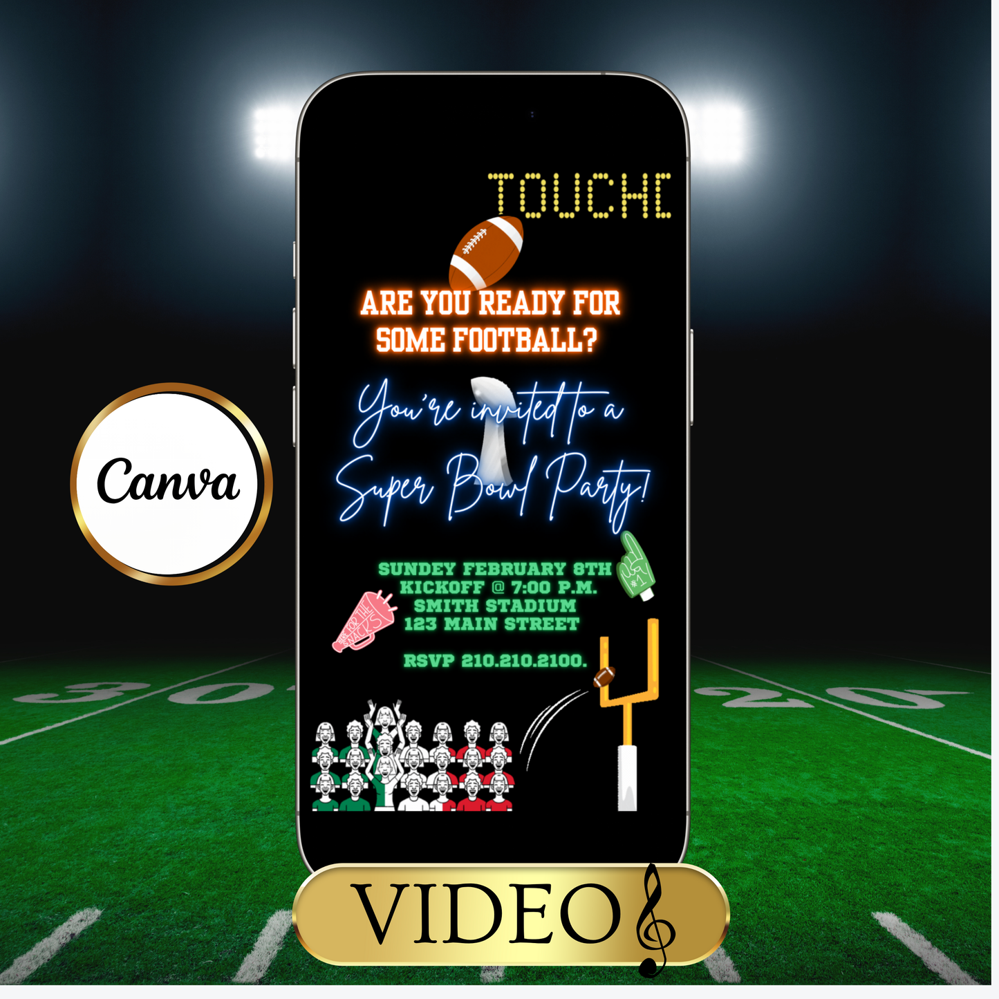 Editable Super Bowl LX Party Video Invitation | Digital Canva Template