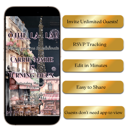Paris Cafe Video Invitation – Parisian Eiffel Tower Birthday Party Evite with Music
