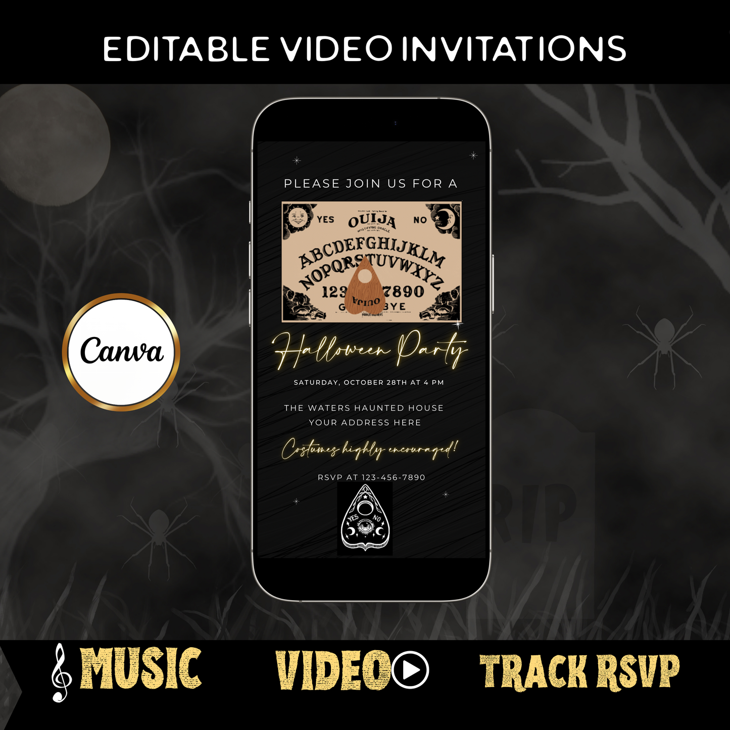 Halloween-Videoeinladung, animierte Einladung mit Ouija-Brett, bearbeitbare mobile Einladung zur Halloween-Party