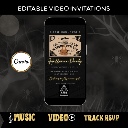Halloween-Videoeinladung, animierte Einladung mit Ouija-Brett, bearbeitbare mobile Einladung zur Halloween-Party