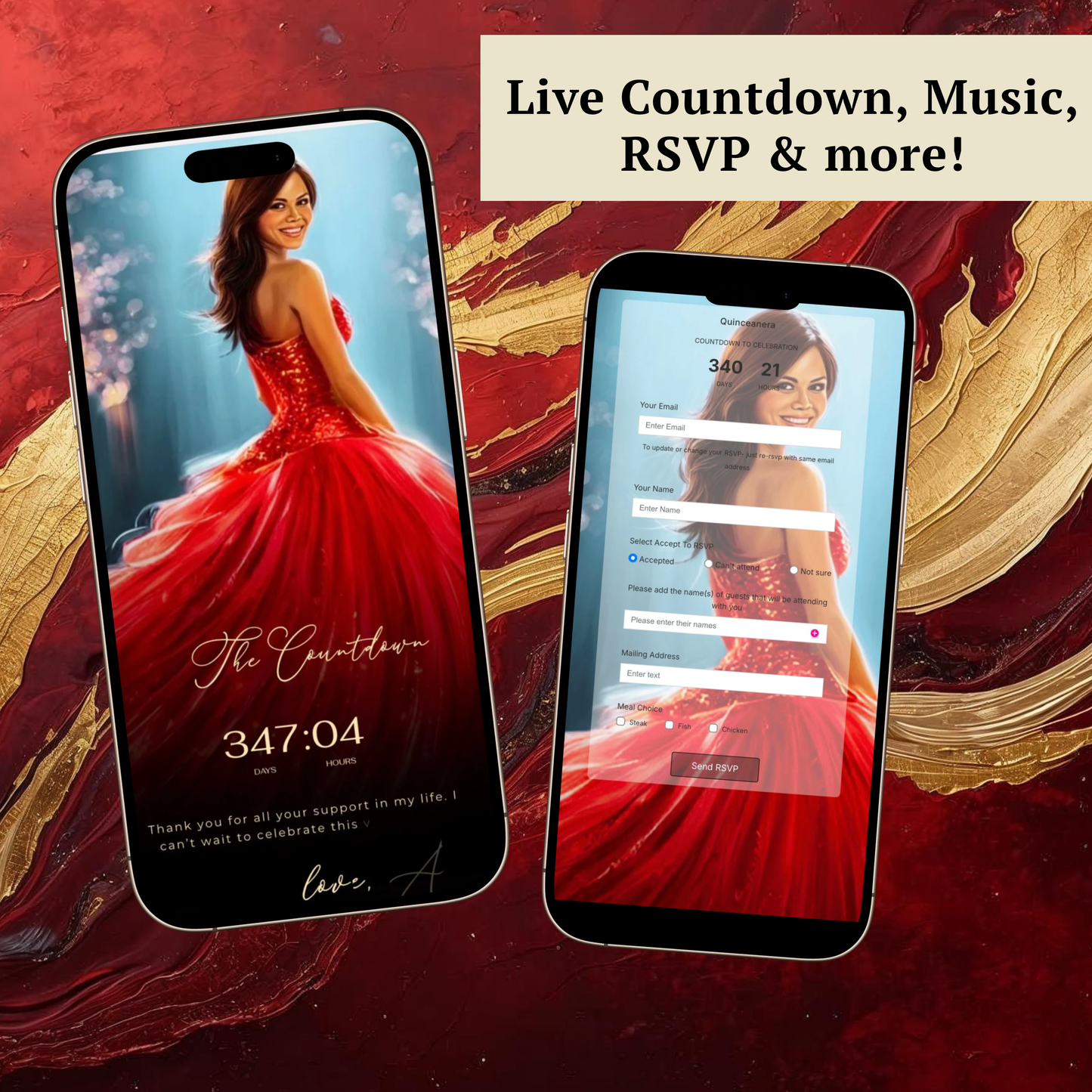 Einladung zur Quinceañera mit roten Rosen | Einladung zur Sweet 15/16 mit RSVP-Tracking | Canva-Vorlage
