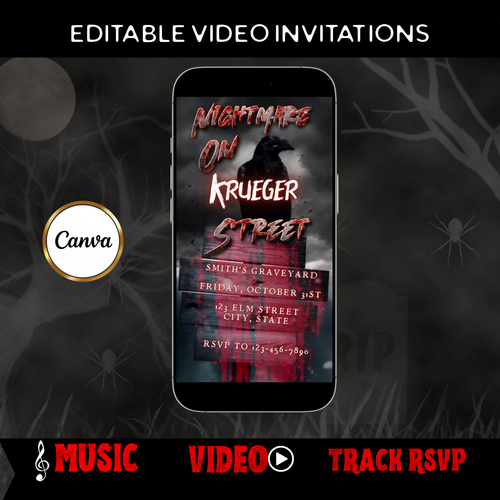 Halloween Video Invitation, Nightmare on Elm Street Animated Invite, Editable Halloween Party Mobile Evite